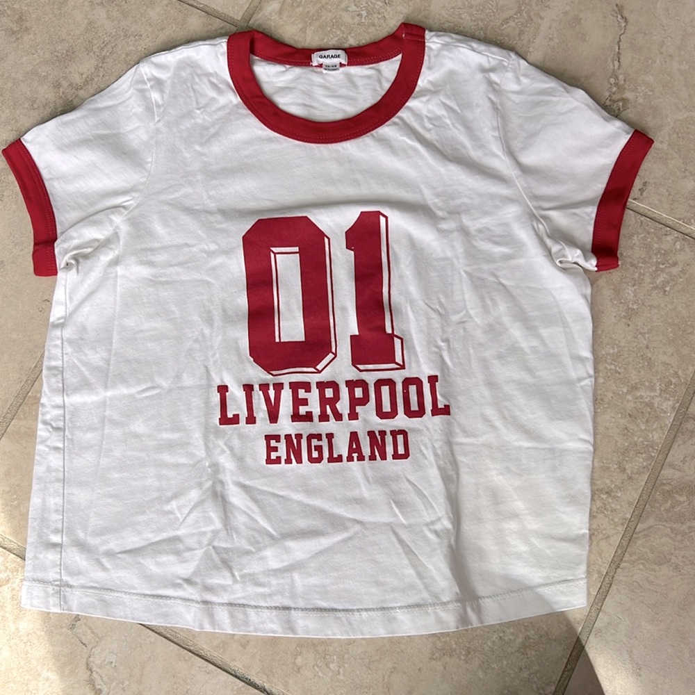 Garage Liverpool England Tee. White and Red. Size XS